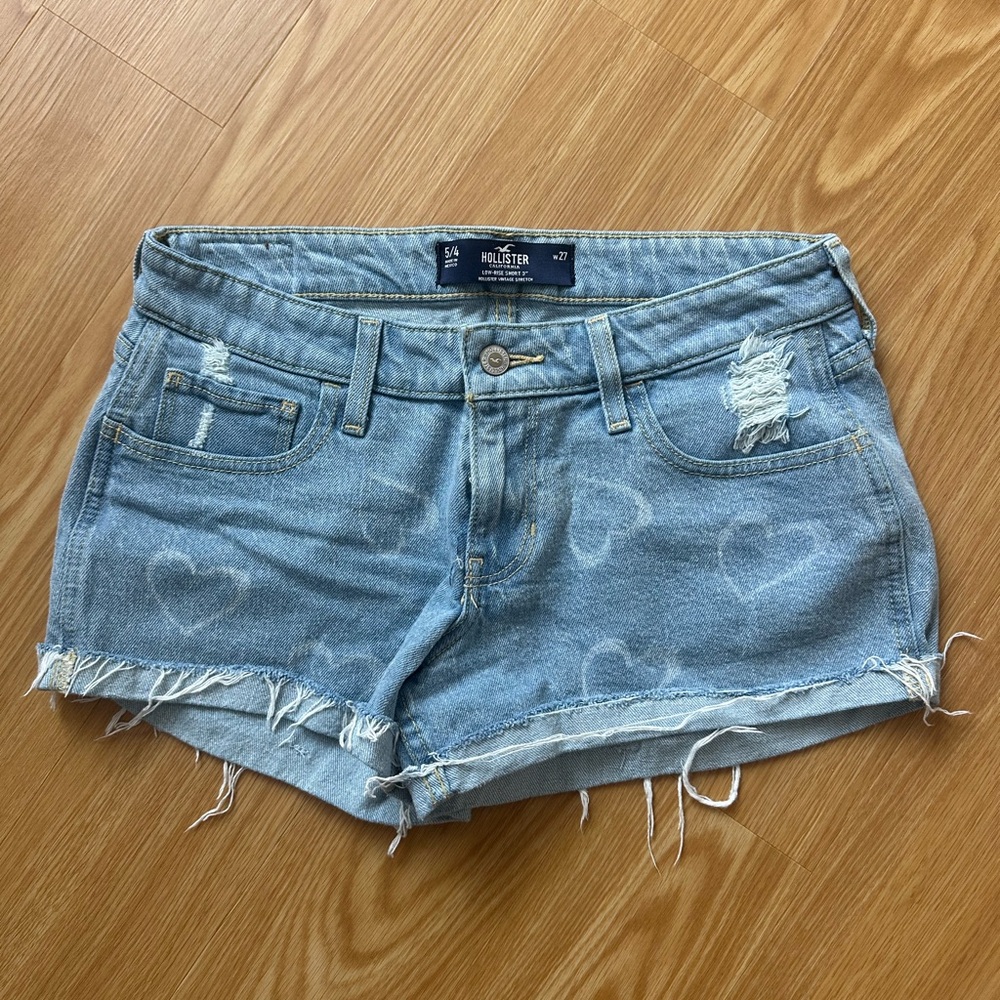 Hollister Women's Blue Denim Shorts with Hearts